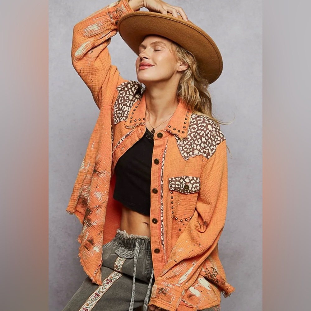 P28 POL Rust Animal Accents Paint Splatter Shacket